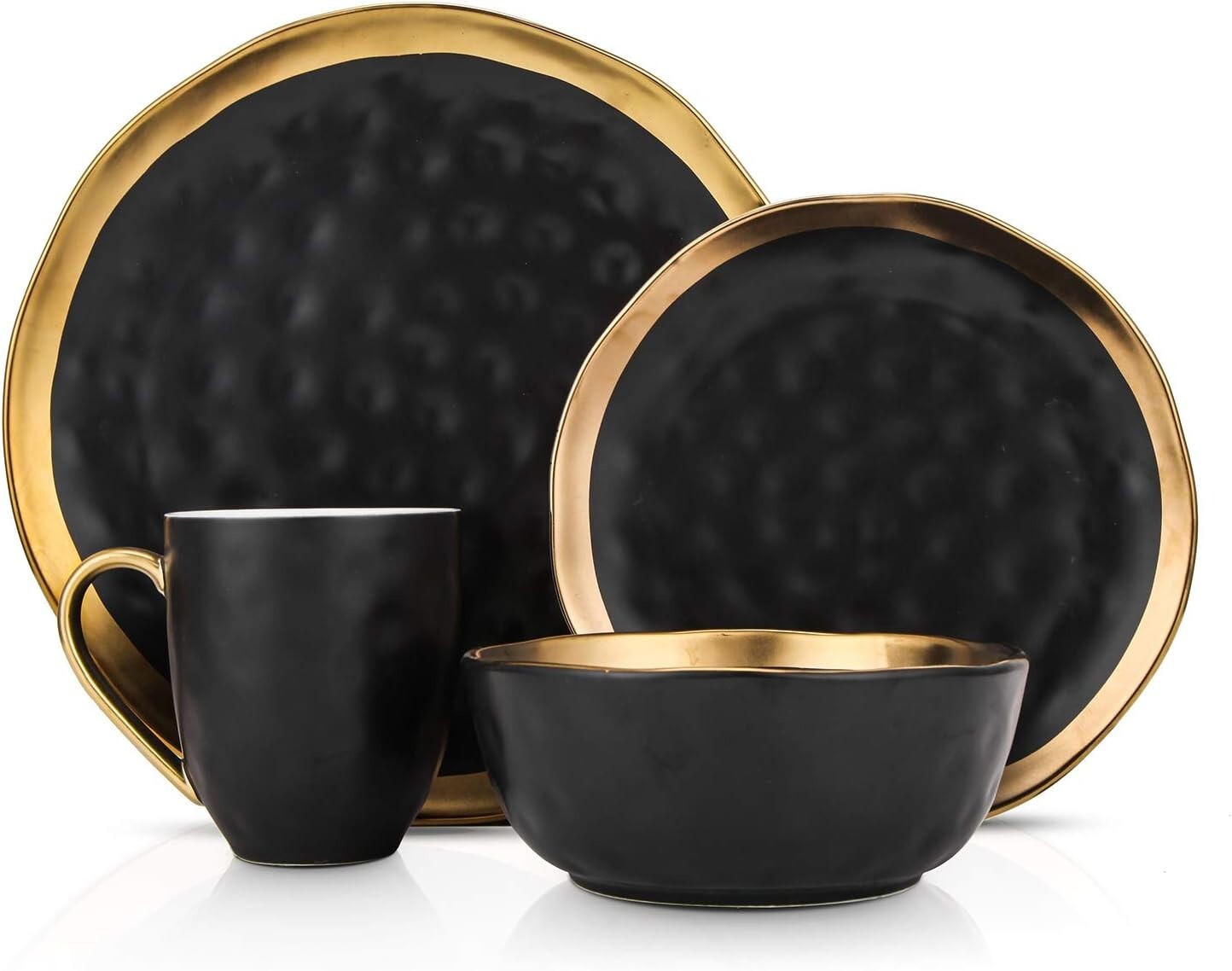 Sophisticated Gold-Accented Black Porcelain Dish Set, Service for 8 - Florian