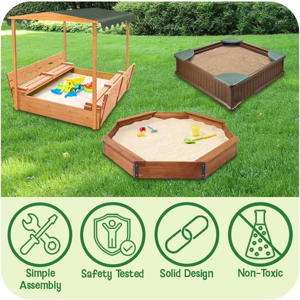 Fun Convertible Cedar Sandbox with Easy-Setup Canopy and Bench Seating - 46.5"