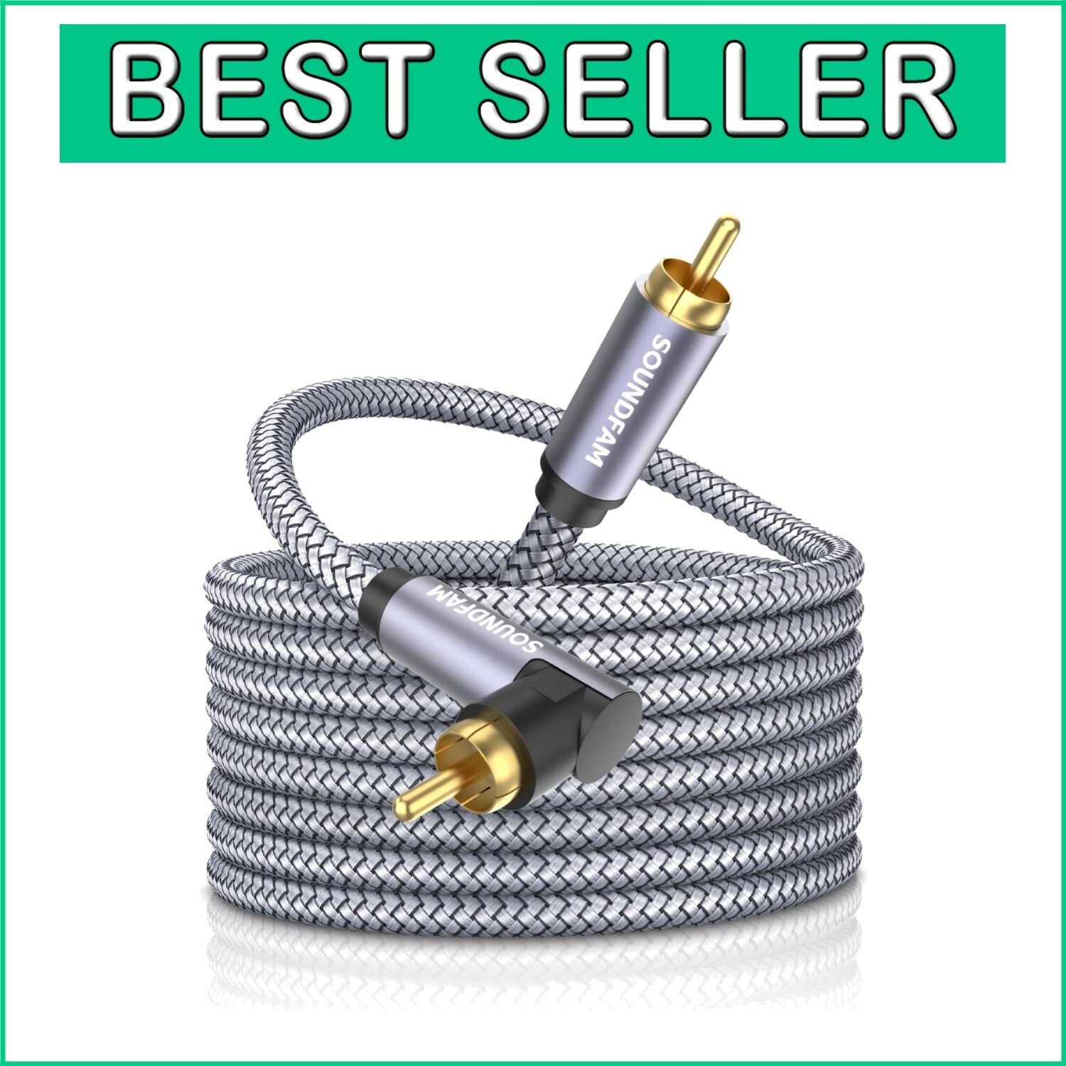 50ft Right Angle RCA Cable with Gold-Plated Connectors for Subwoofer & TV