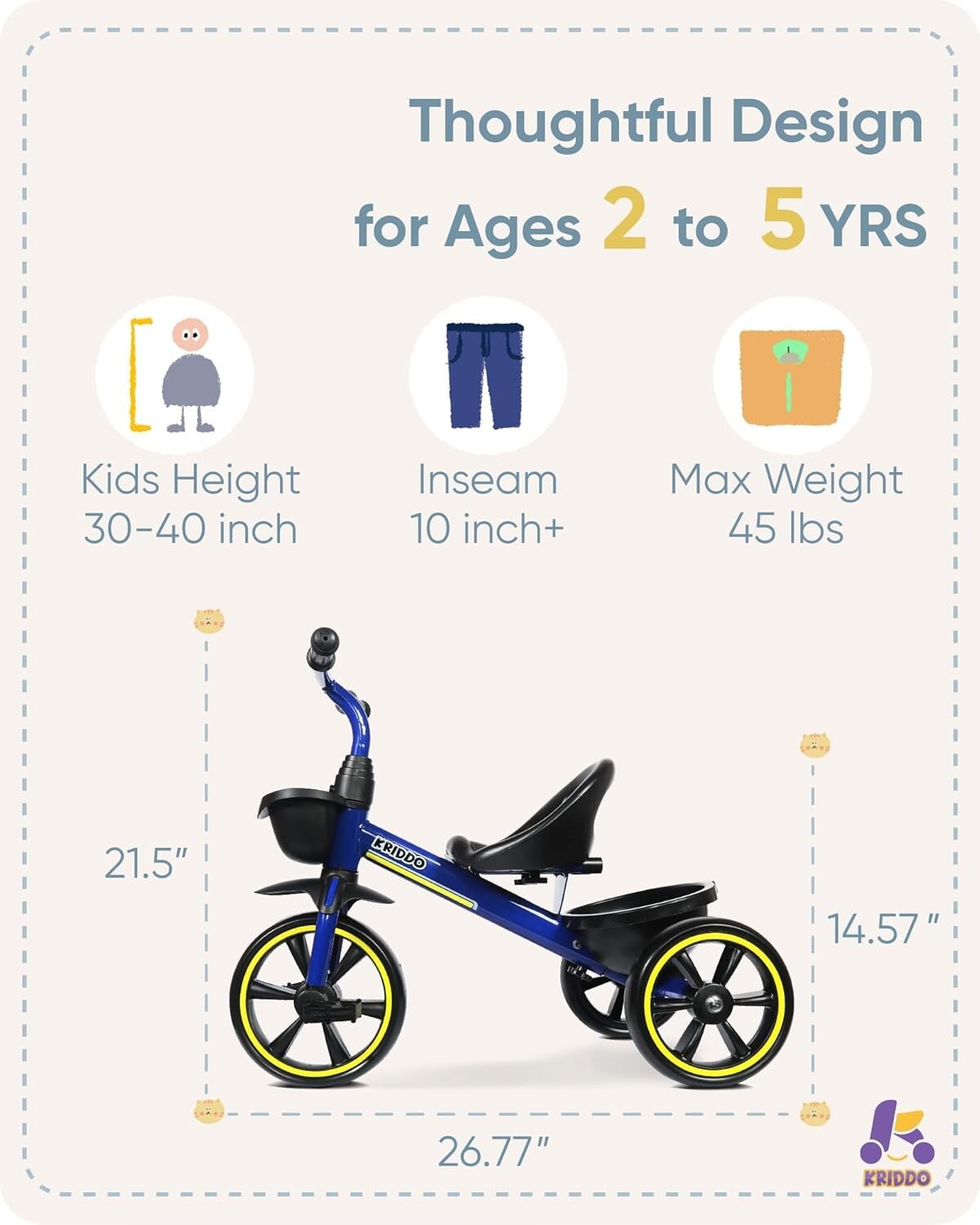 Blue Kids Trike for 2-4 Year Olds - Ergonomic Design & Roll-Over Prevention