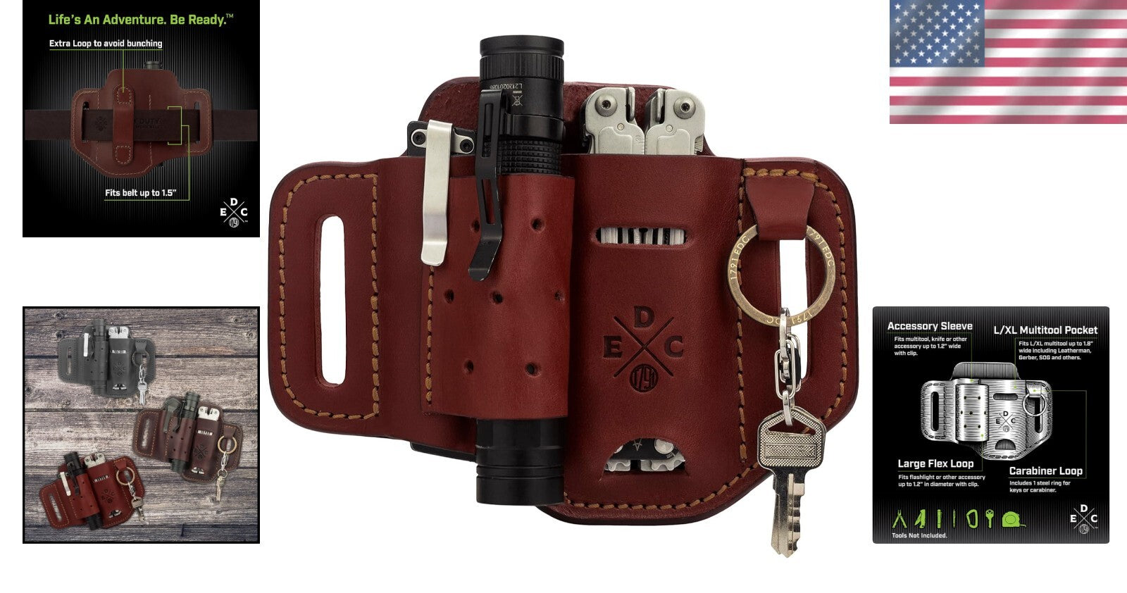 Durable Chestnut Leather Holster for Multitool & Accessories - Lifetime Warranty