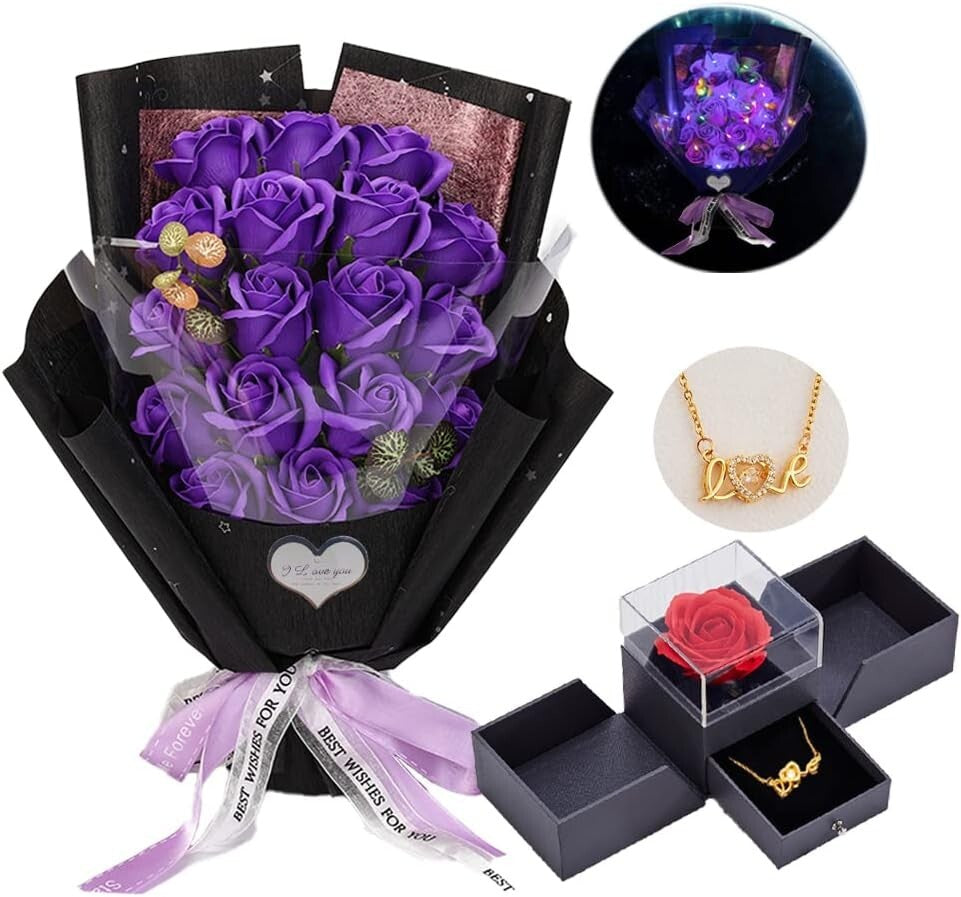 Artificial Purple Roses with Gift Box & Necklace - Perfect Mother's Day Gift