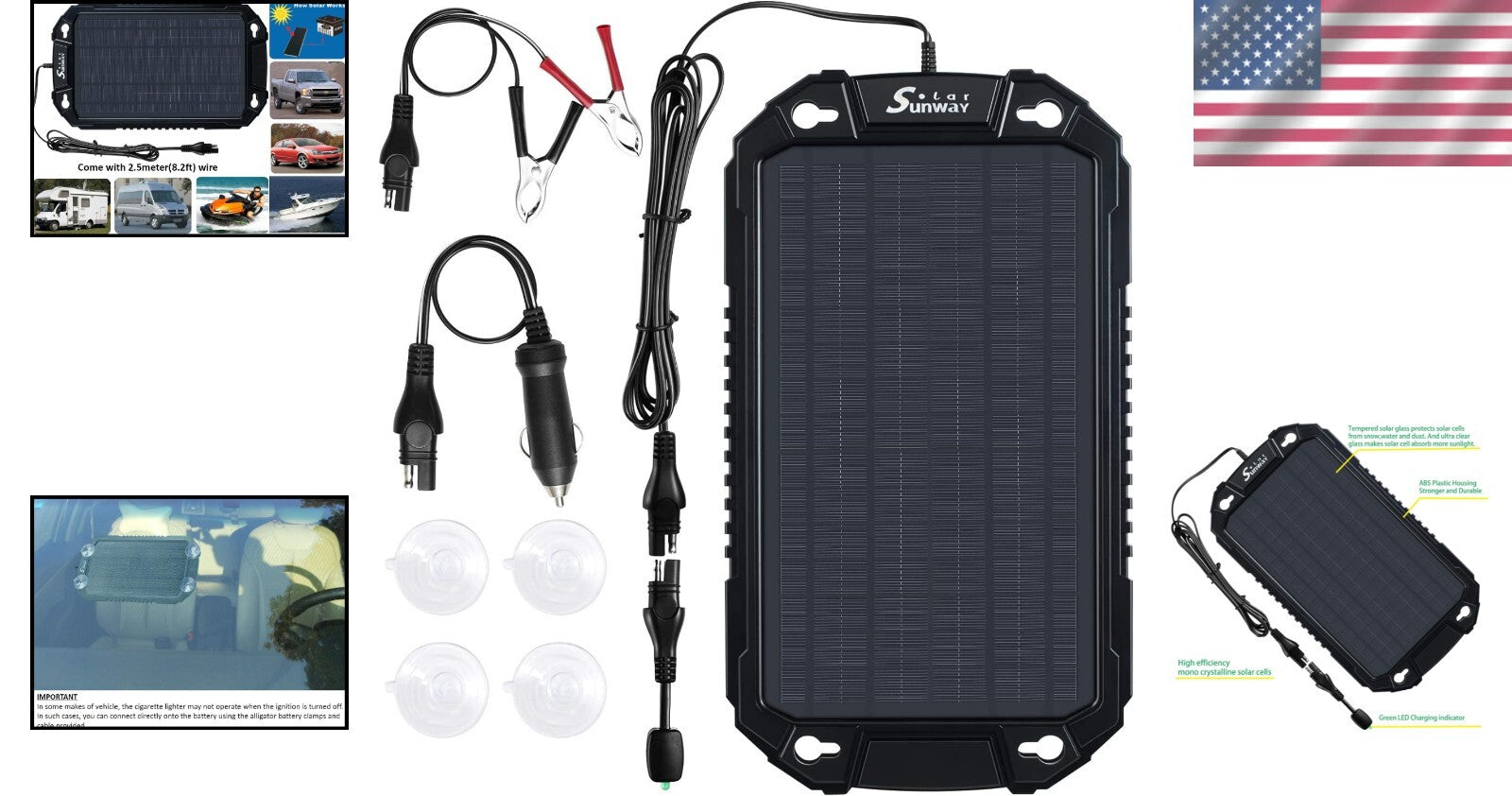 Waterproof Solar Battery Maintainer - 12V Charger for Cars, Trucks & Marine