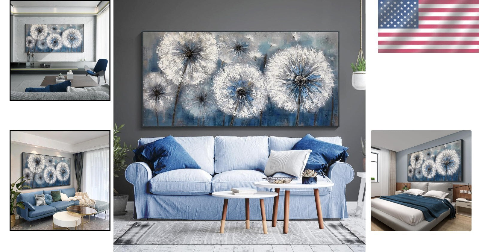Dandelion Wall Art - Blue Canvas Painting, Framed Elegance for Living Spaces