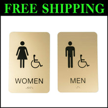 Load image into Gallery viewer, Durable Gold Acrylic Restroom Signs Set - 6" x 9" with Braille Accessibility