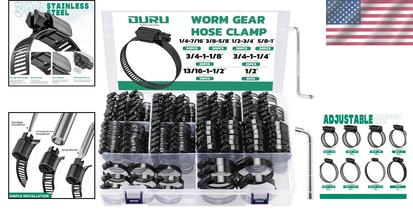 Durable Adjustable Hose Clamps Kit - 1/4" to 2" Black Stainless Steel Collection