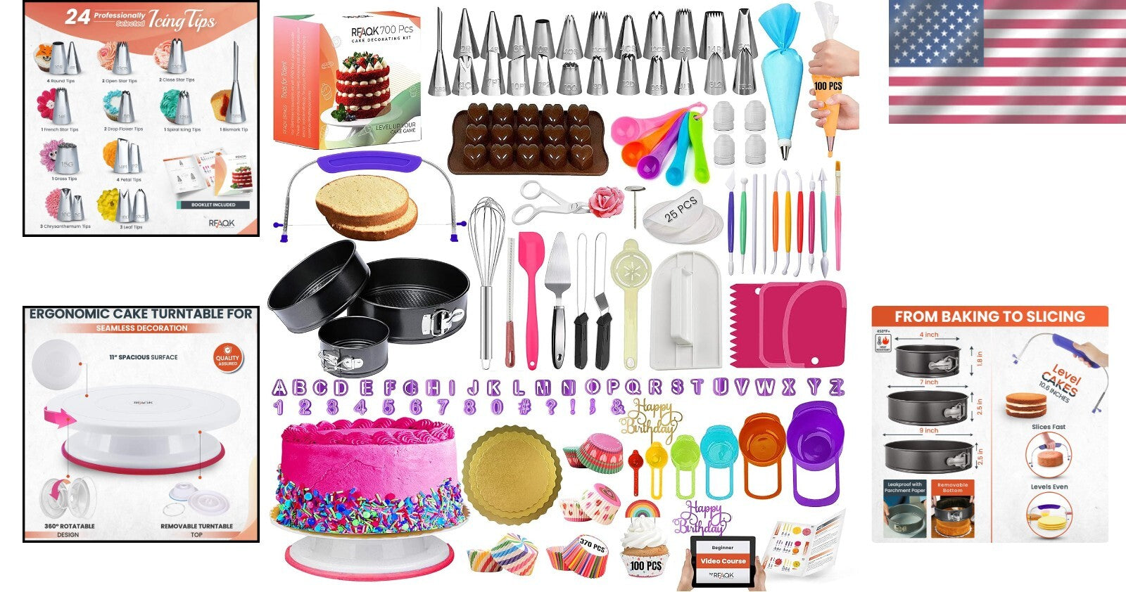 Deluxe Cake Decorating Essentials with 700 Pcs - Turntable & Multiple Tools