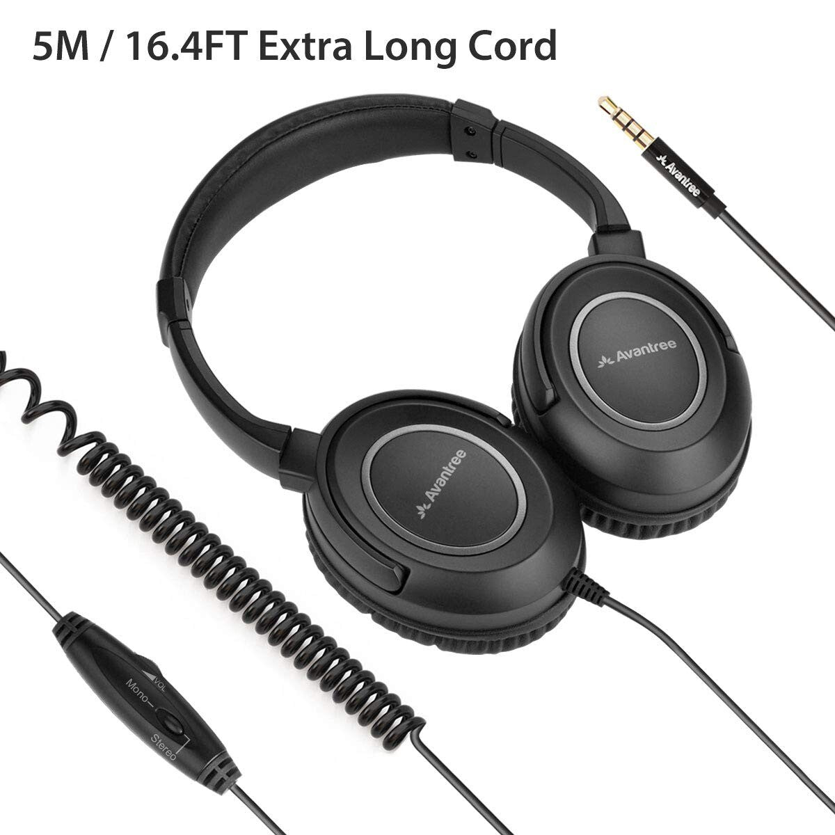 16.4ft Long Coiled Cord Headphones Over-Ear with Volume Control & Stereo Sound