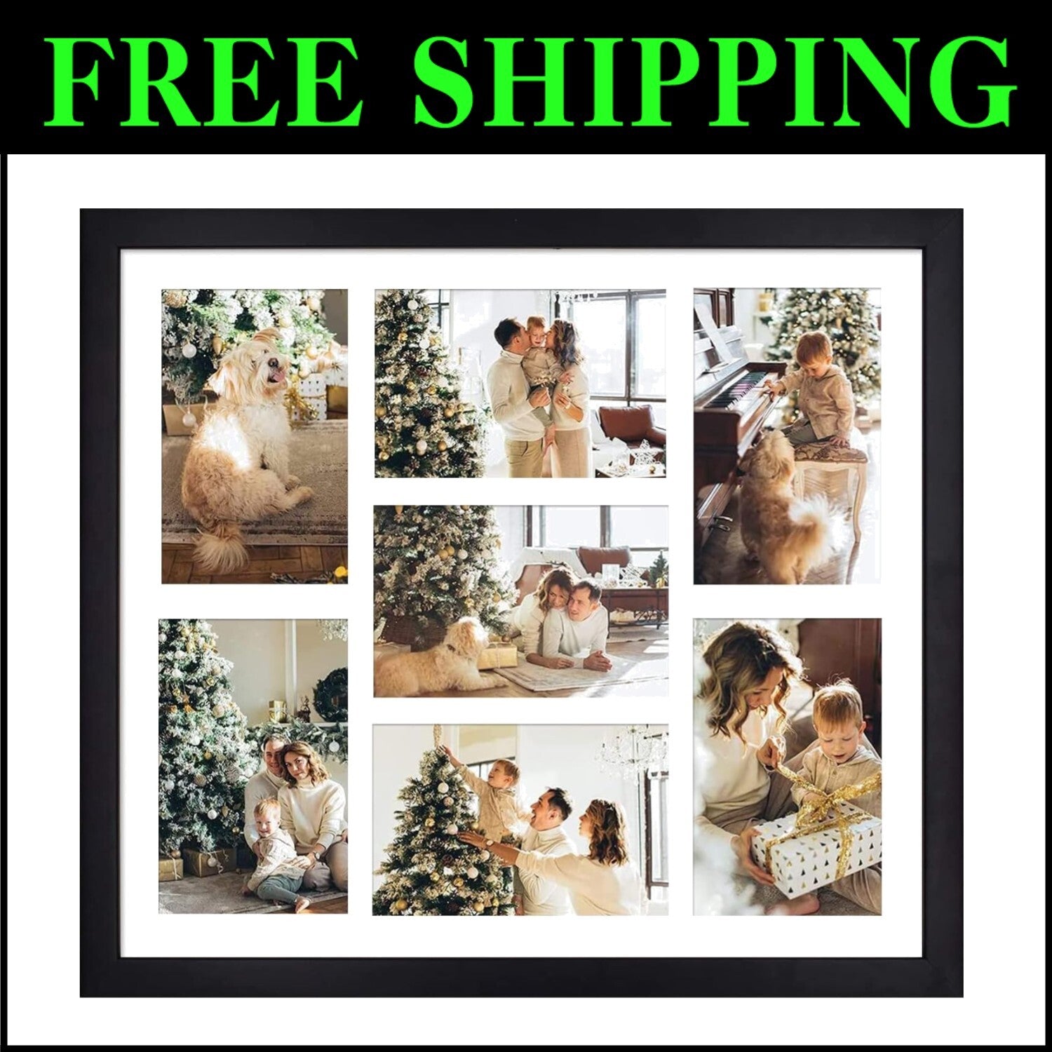 Chic Matted Black Wood Collage Picture Frame for 7 Photos, 13.7x15.7 Size