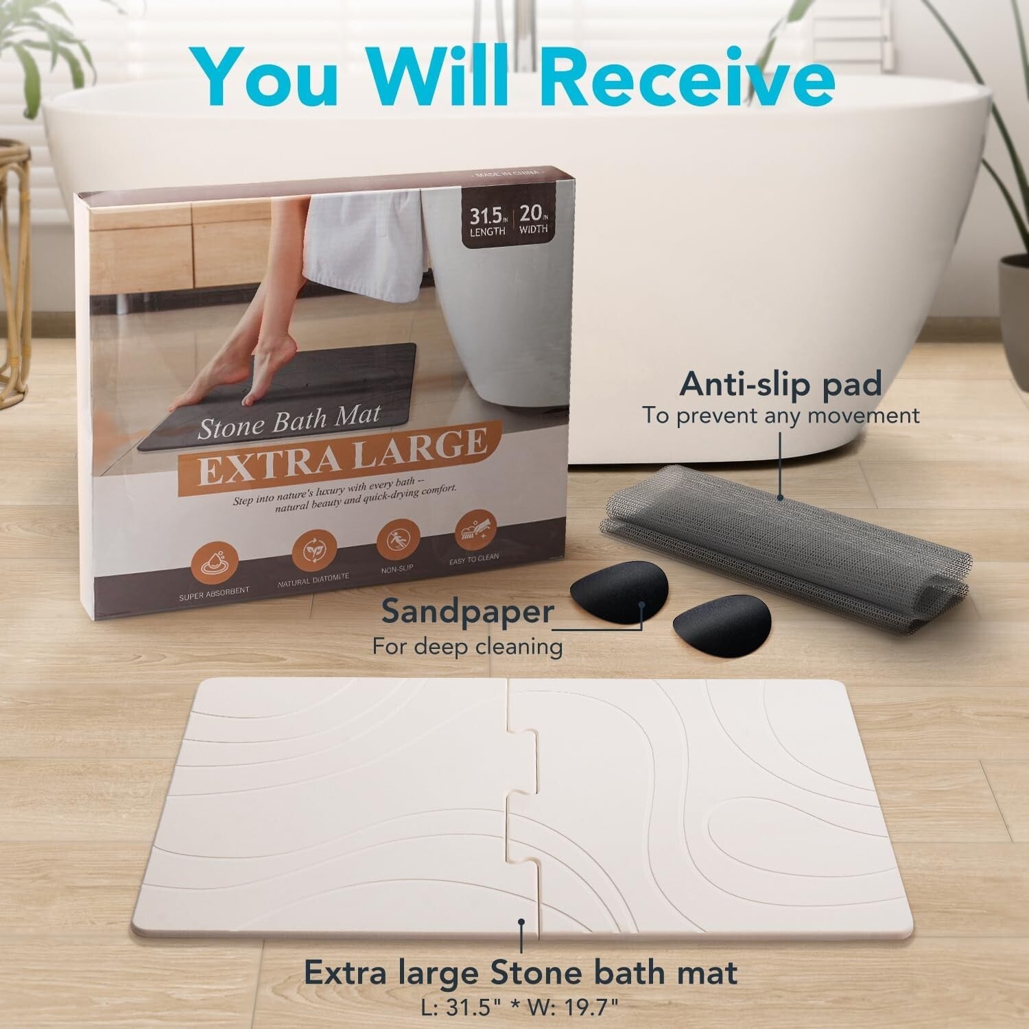 Stylish Quick Dry Bath Mat 32" x 20" – Non-Slip Diatomite for Elegant Bathrooms