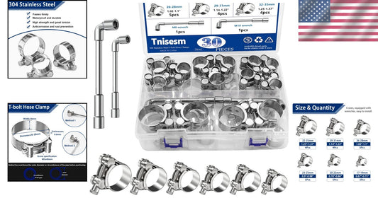 Adjustable 304 Stainless Steel T-Bolt Hose Clamps - 6 Sizes, M8 & M10 Wrenches