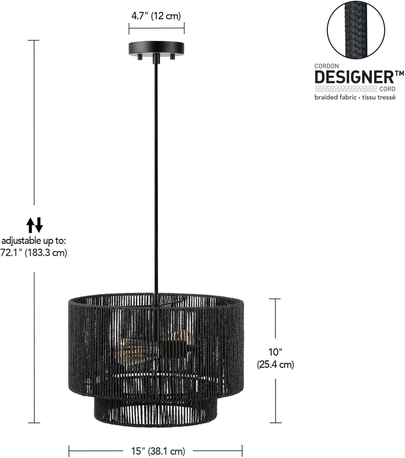 Dimmable 2-Light Pendant Light in Matte Black with Elegant Paper Twine Shade