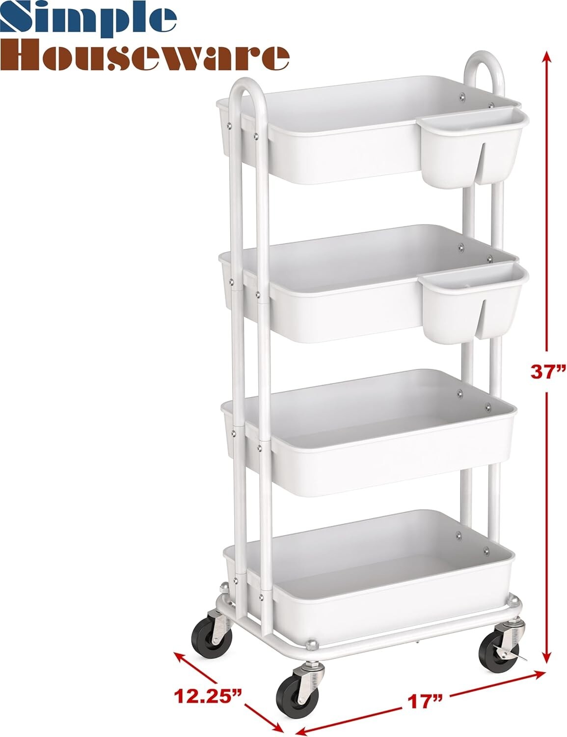 4-Tier Rolling Utility Cart with Hanging Buckets for Stylish Organization