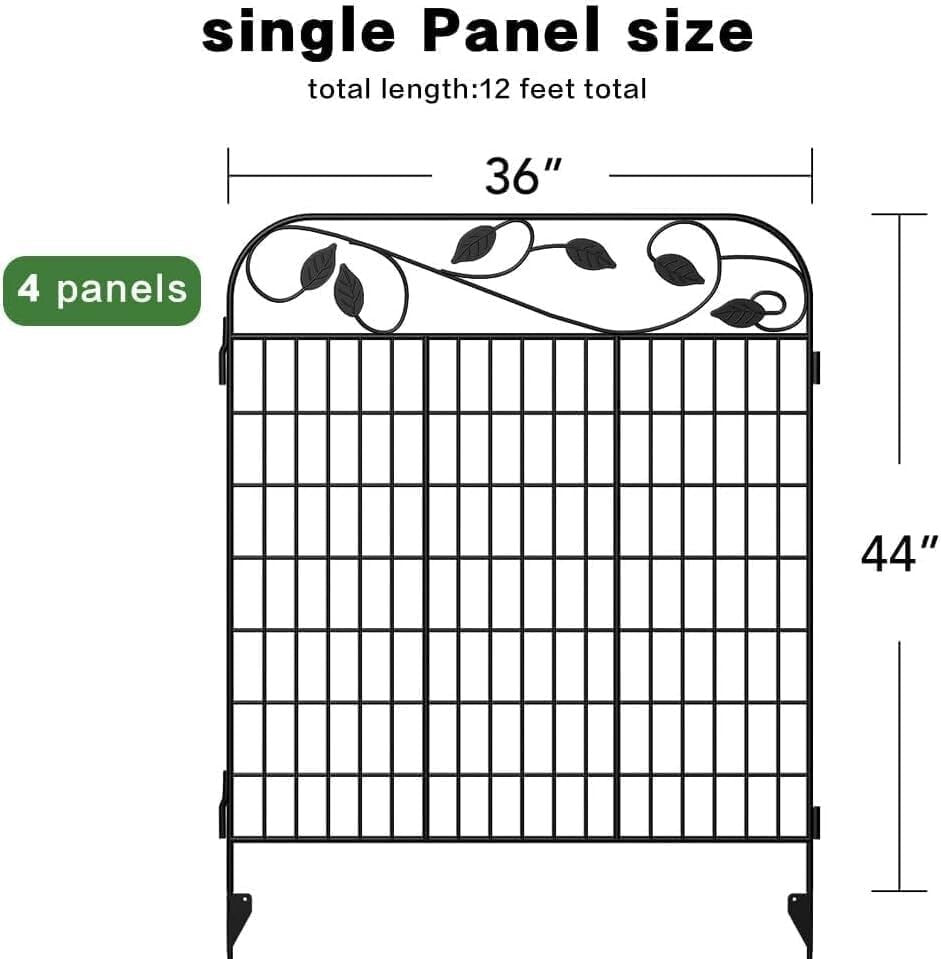 4 Pack Heavy Duty 44" High Rustproof Decorative Garden Fence Panels - 12ft Long