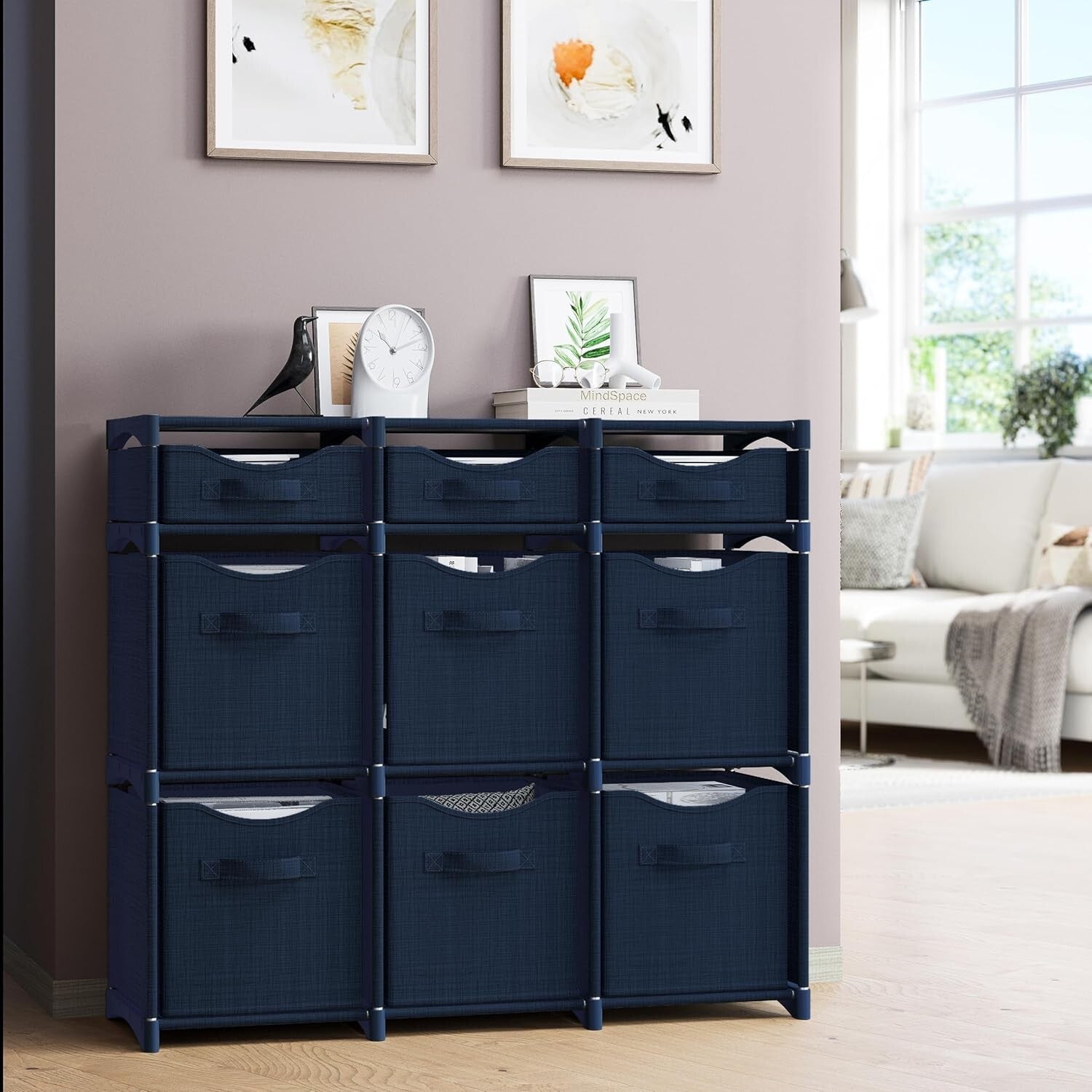9 Cube Navy Organizer with Foldable Bins - Effortless Style for Kids' Rooms