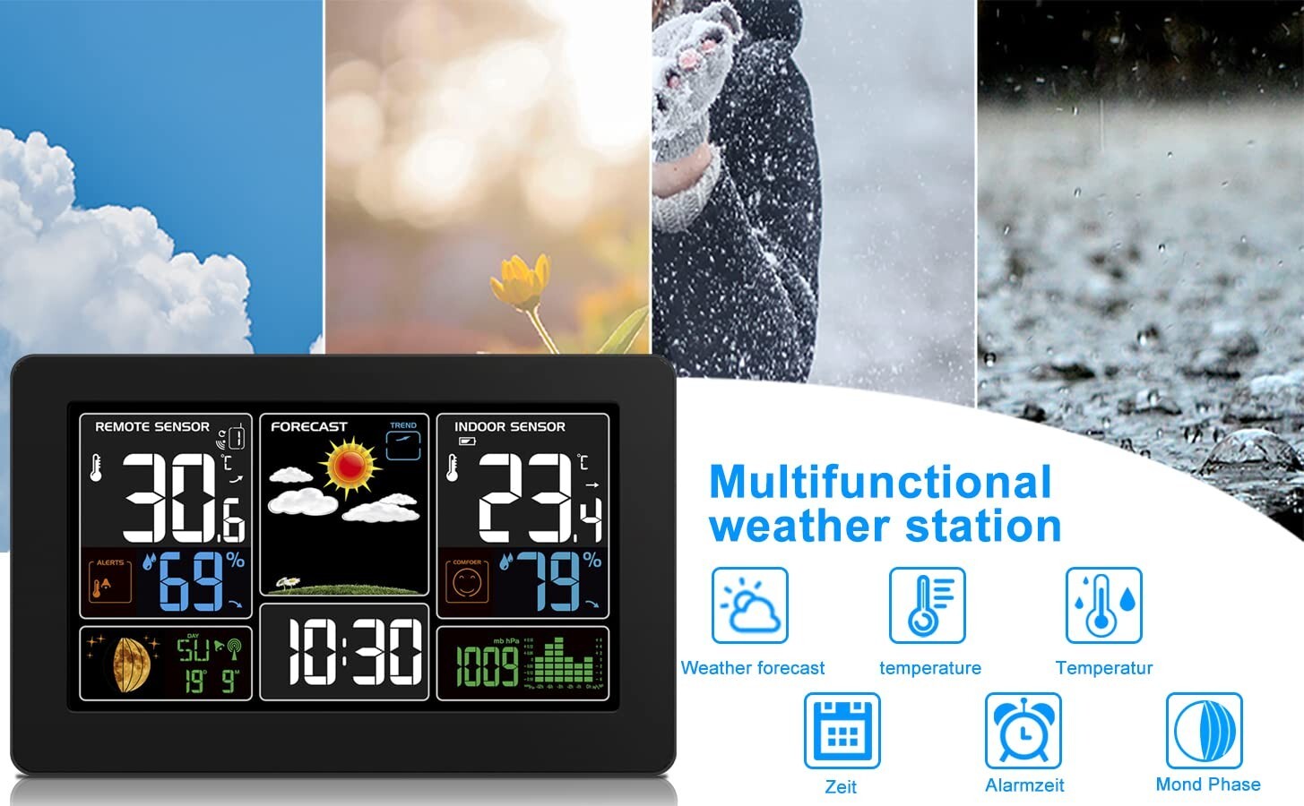 Color Display Indoor/Outdoor Thermometer with Bluetooth & Alarm Functionality