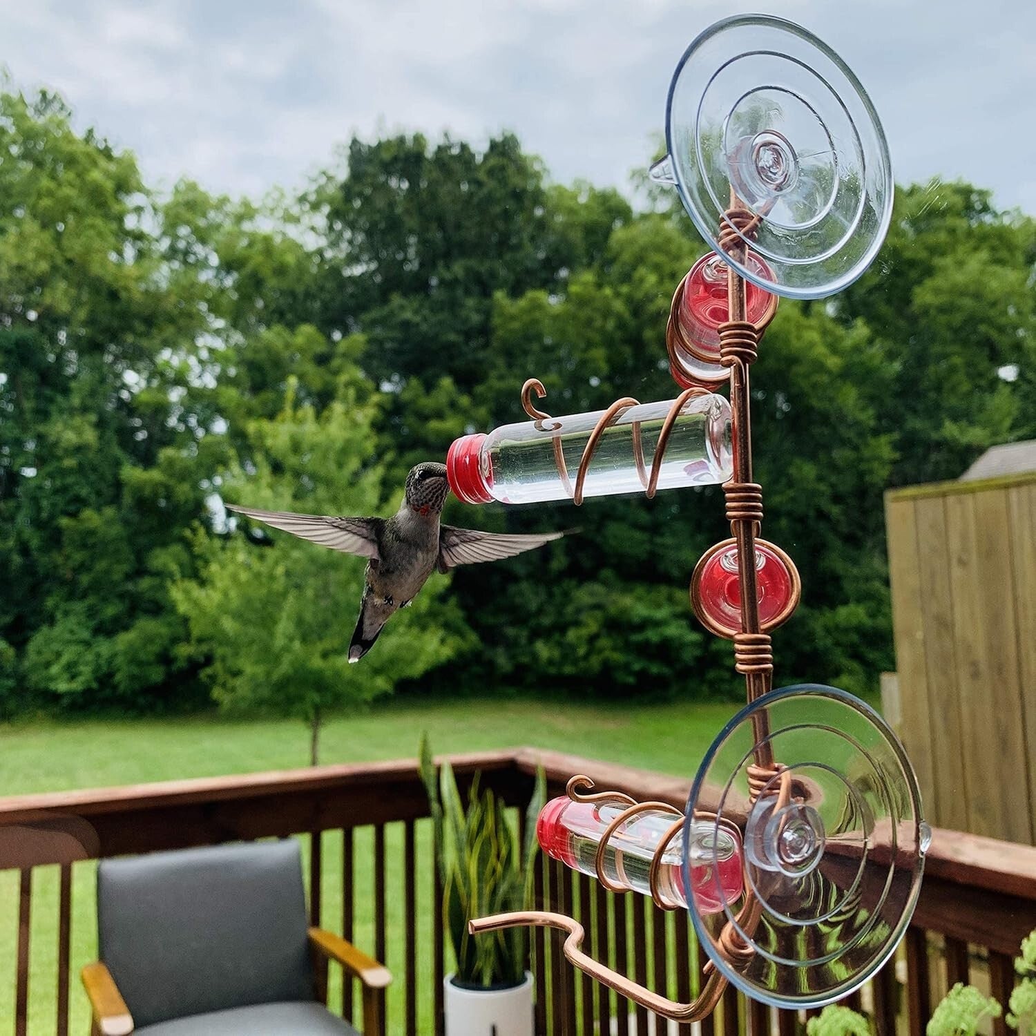 Handcrafted Copper Window Hummingbird Feeder with 4 Stations & Easy-Fill Bottles