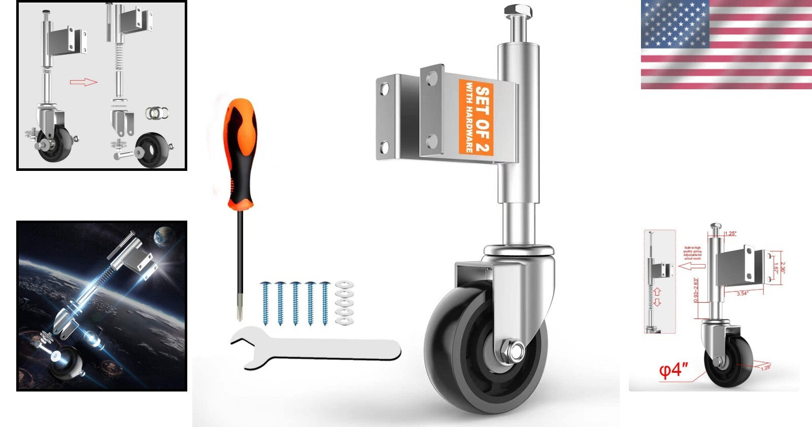 Durable 4” Spring Loaded Gate Casters with Heavy-Duty Hardware Pack Included