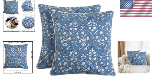 Set of 2 Baby Blue Floral Cotton Throw Pillow Covers for Indoor/Outdoor Elegance