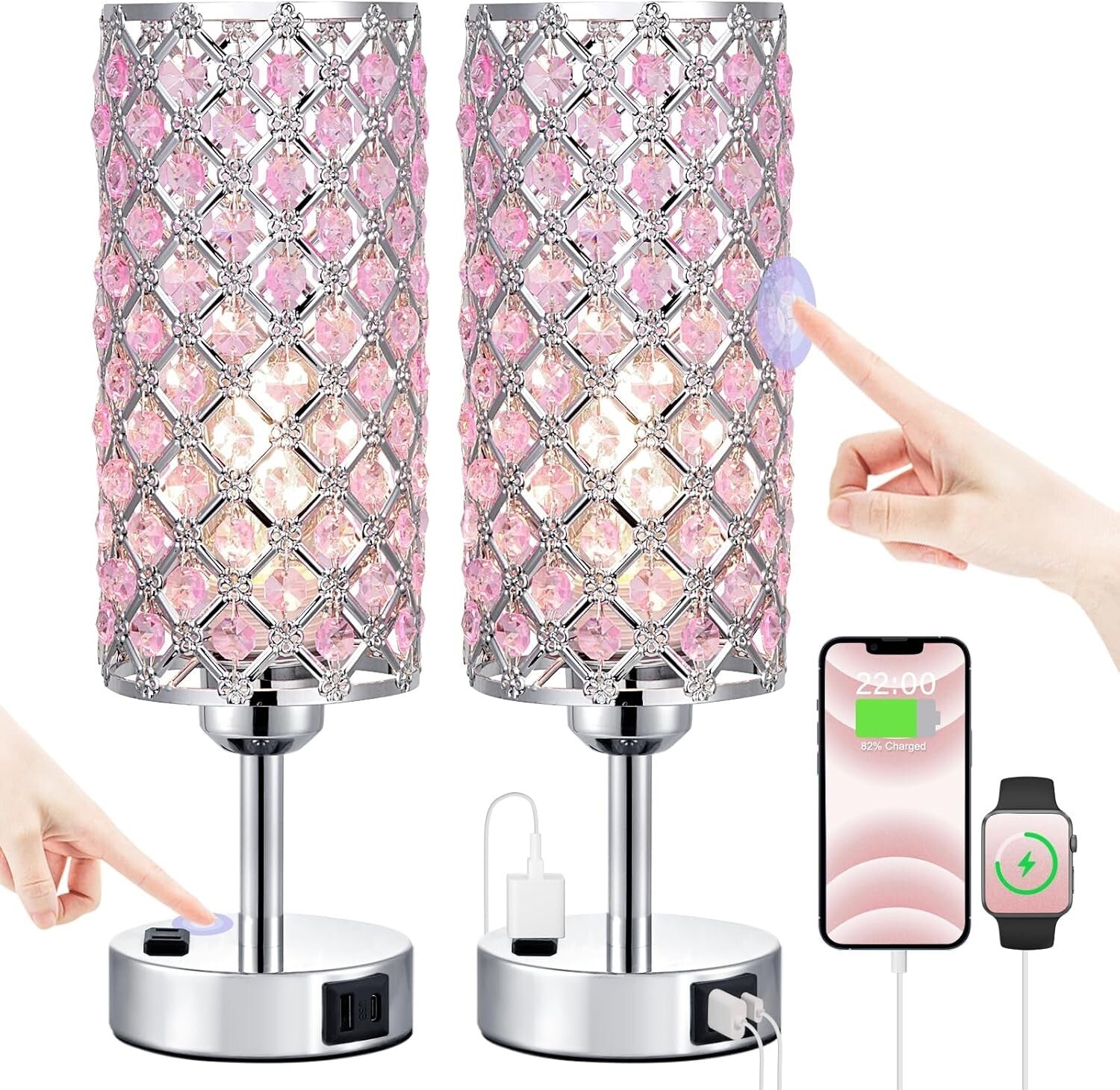 Modern 2-Pack Dimmable Touch Crystal Table Lamps with USB Charging Ports