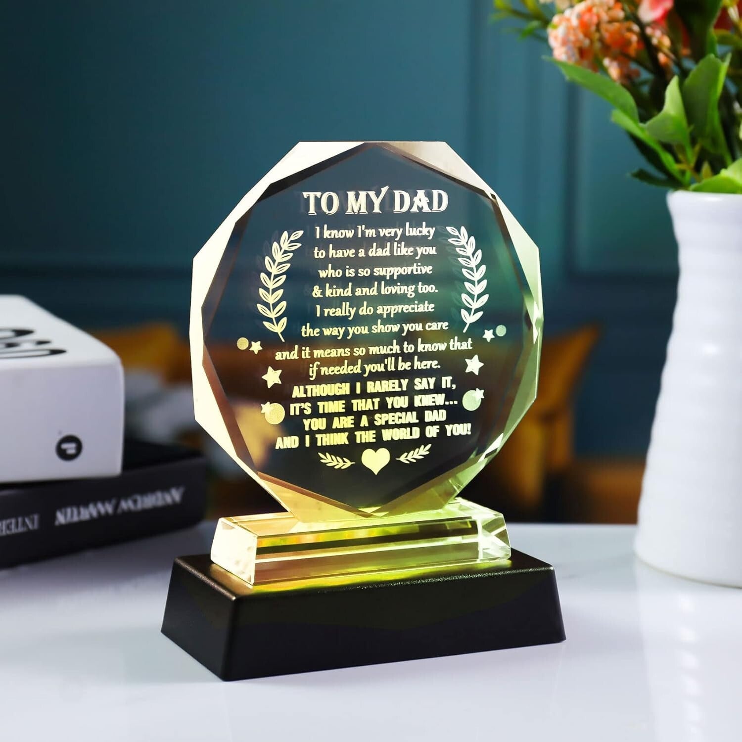 Elegant Glass Keepsake for Dad with LED Base - Meaningful Gift for Any Occasion