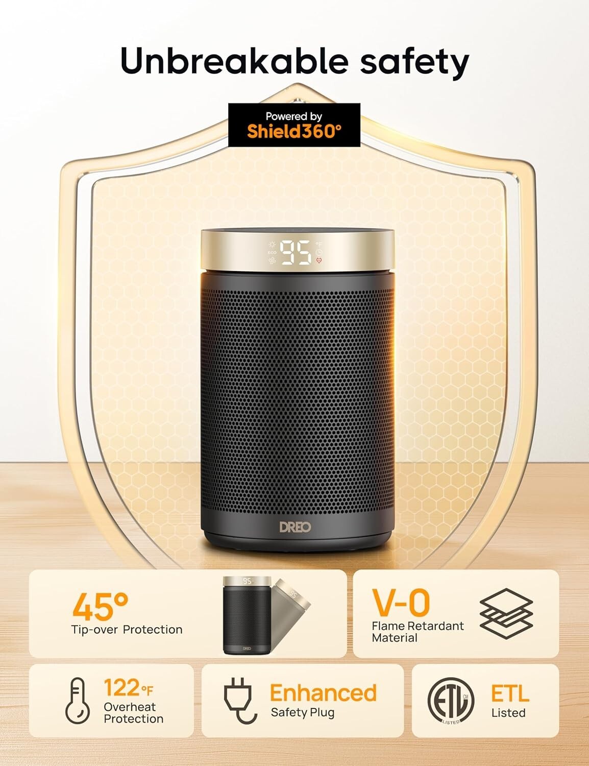 Elegant Gold Tower Space Heater with Remote Control and 5 Modes for Every Room