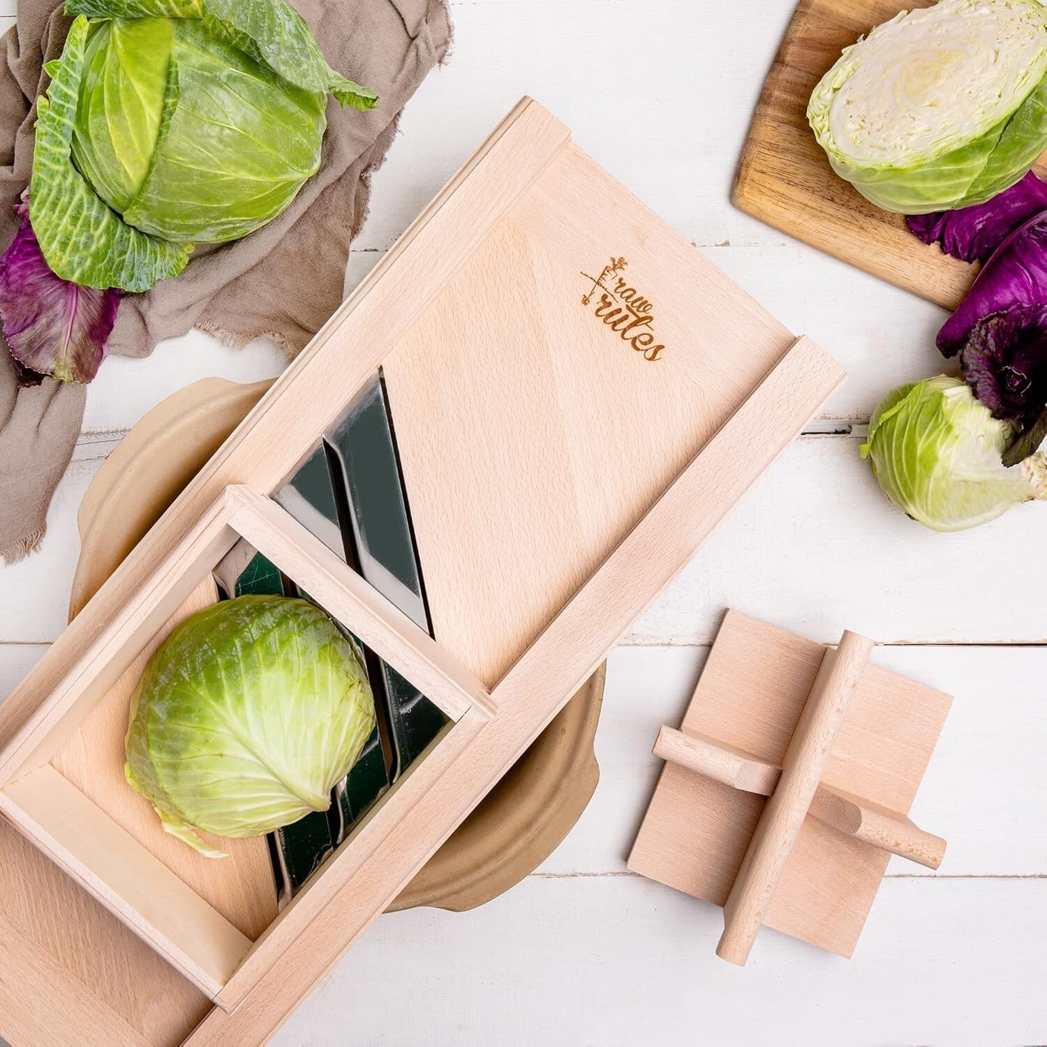Natural Beech Wood Cabbage Shredder with Safety Guard - Perfect for Sauerkraut