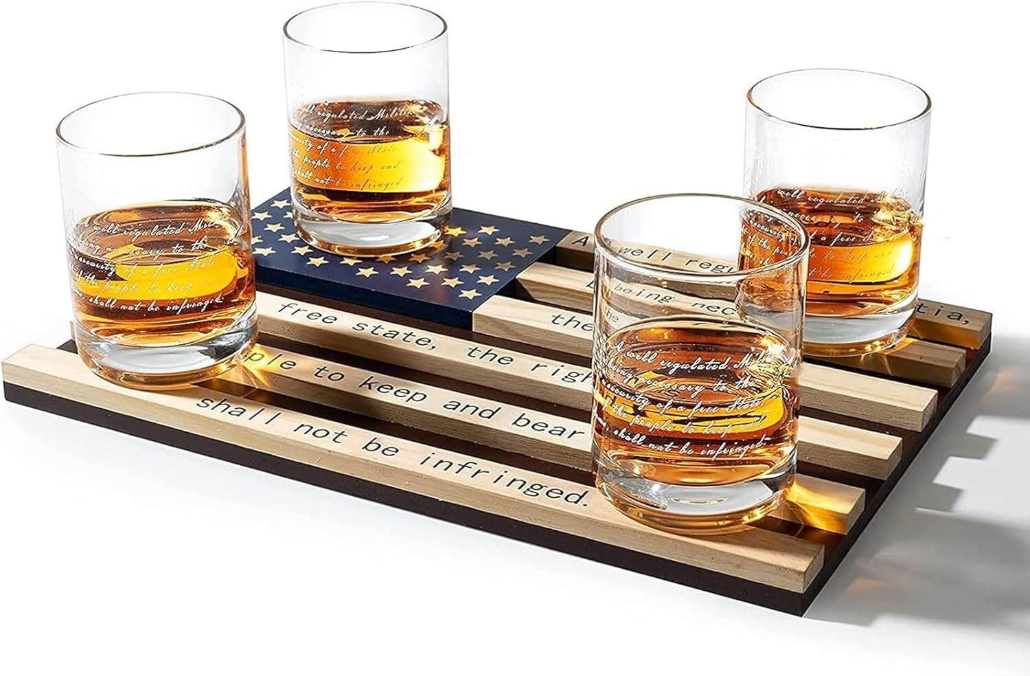Patriotic Whiskey Rocks Glasses Set with Elegant Wood Tray - 2nd Amendment Gift
