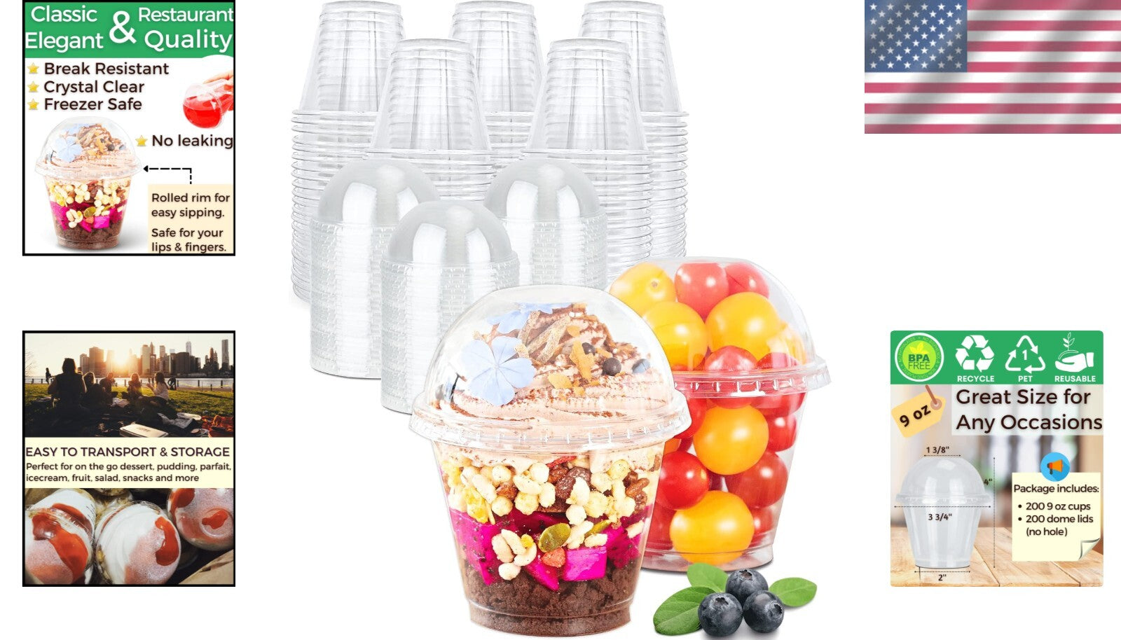 Sturdy 9 oz Clear Disposable Cups with Lids for Ice Cream & Desserts - 200 Count