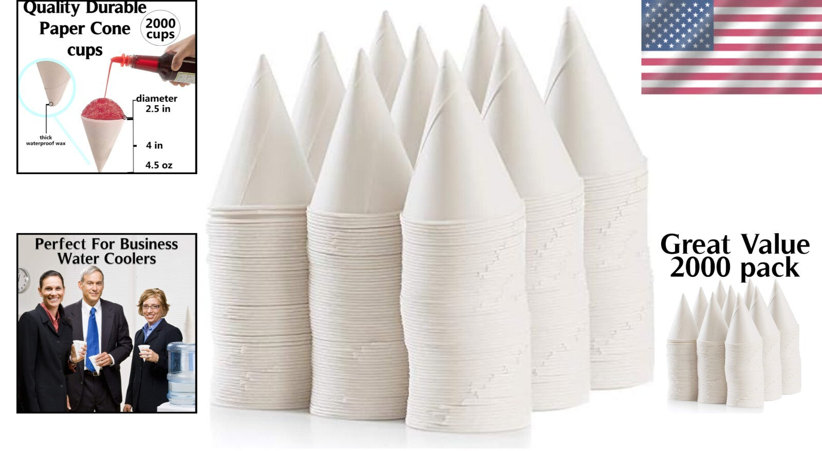 Versatile 2000 Pack White Cone Paper Cups - Perfect for Snow Cones & Events