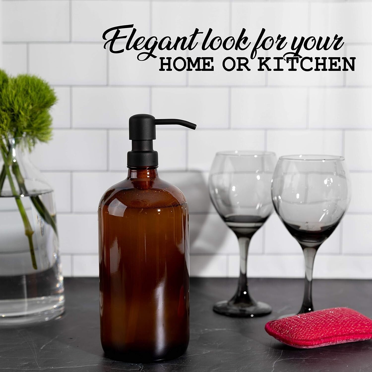 Elegant 32 Oz Amber Glass Dispenser with Stainless Steel Pump - Versatile & Chic