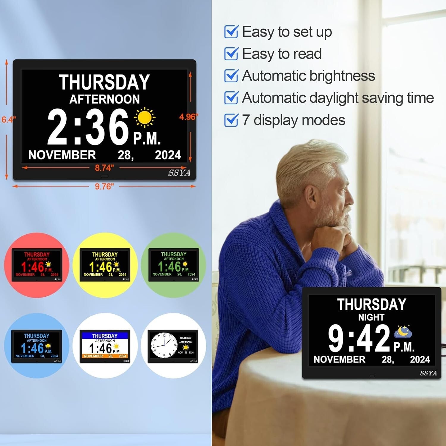 Dementia Clock for Seniors - 11.5'' Digital Calendar Alarm Clock with 12 Alarms