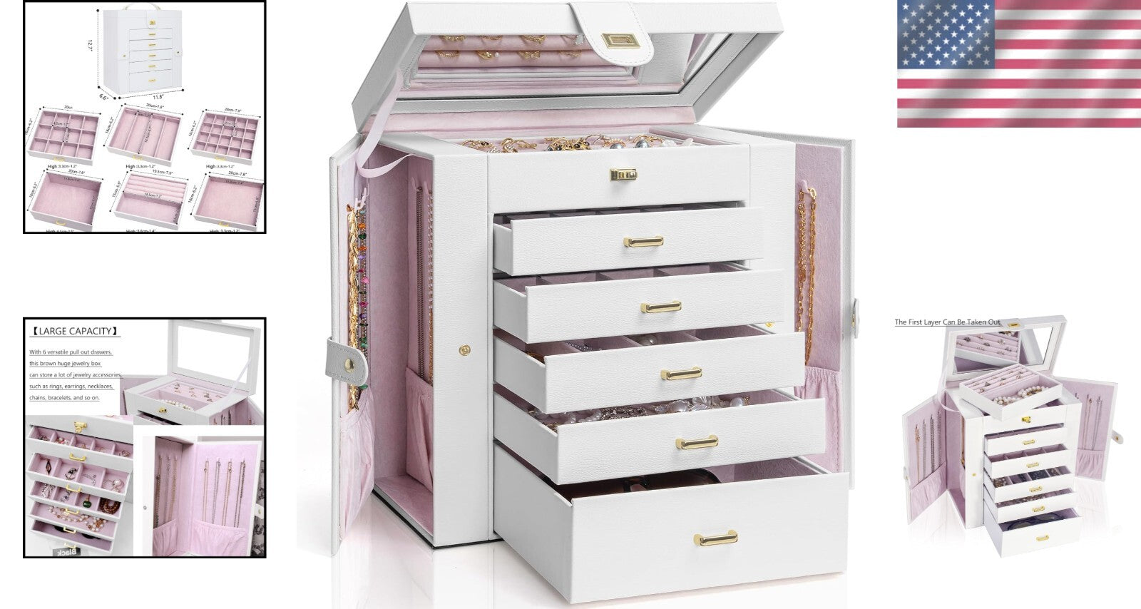 Portable 6-Tier Jewelry Organizer with 5 Drawers and Velvet Lining - Gift Idea