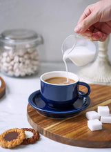 Load image into Gallery viewer, Set of 4 Stackable 4oz Espresso Cups with Saucers &amp; Stand - Navy Comfort