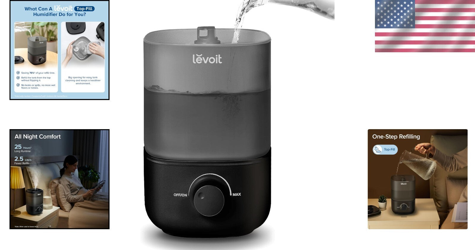 Quiet 2.5L Classic 160 Top-Fill Humidifier - Auto Shut-off Safety, 360° Nozzle