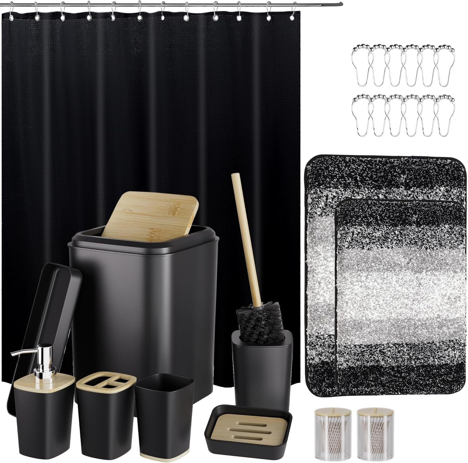 24-Piece Luxury Bathroom Set with Waterproof Shower Curtain & Rugs - Black/White