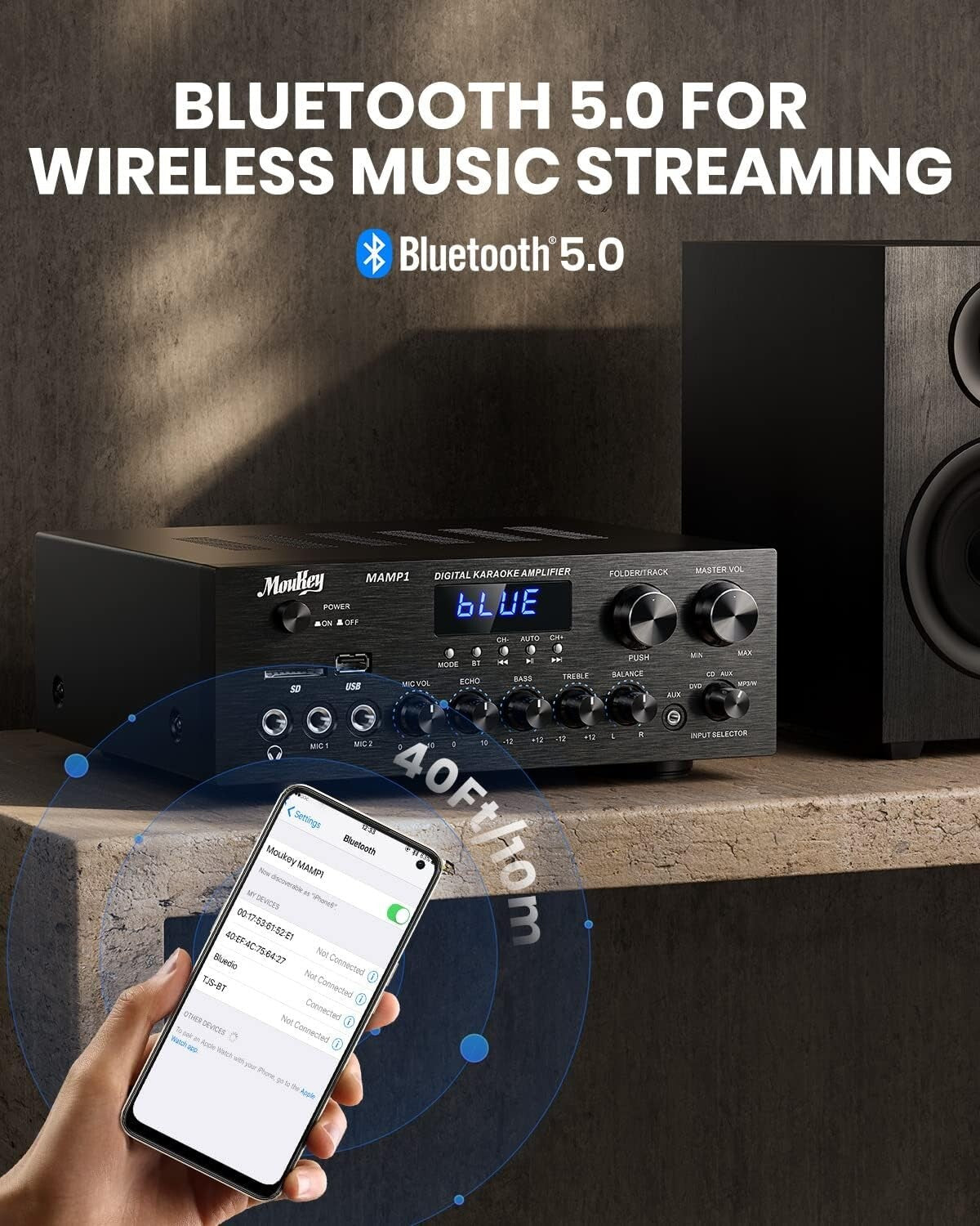 Compact 2.0 Channel Audio Amplifier with Bluetooth & Multiple Inputs System