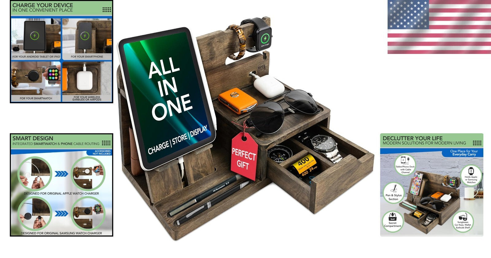 Elegant Rustic Gray Nightstand Organizer - Functional Dock for Phone & Wallet