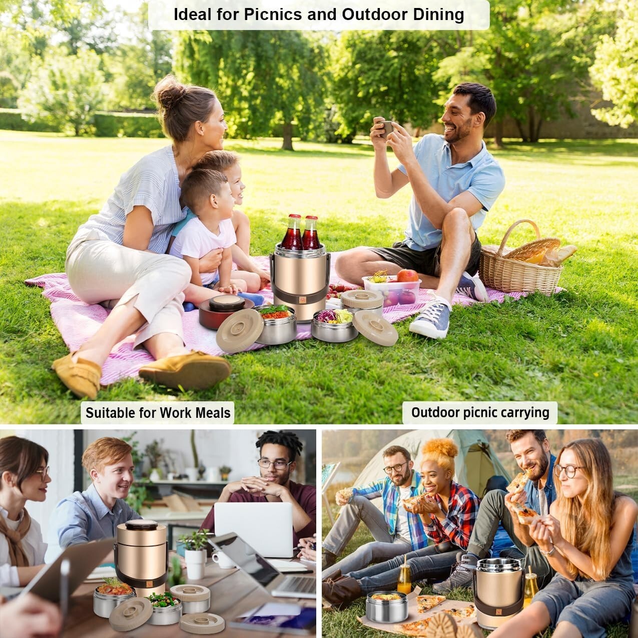 Adult-Friendly 67 oz Vacuum Insulated Bento Box with Three Section Containers