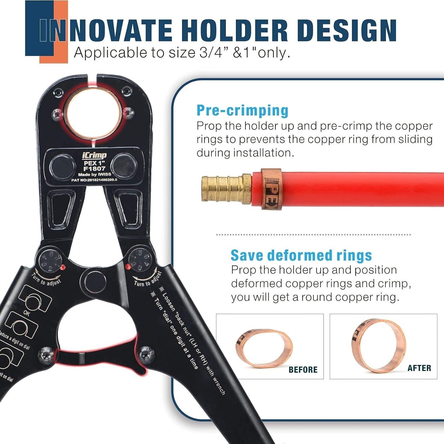 iCrimp PEX and Copper Crimping Tool Kit for 3/8 to 1-inch Pipes - Compact Design