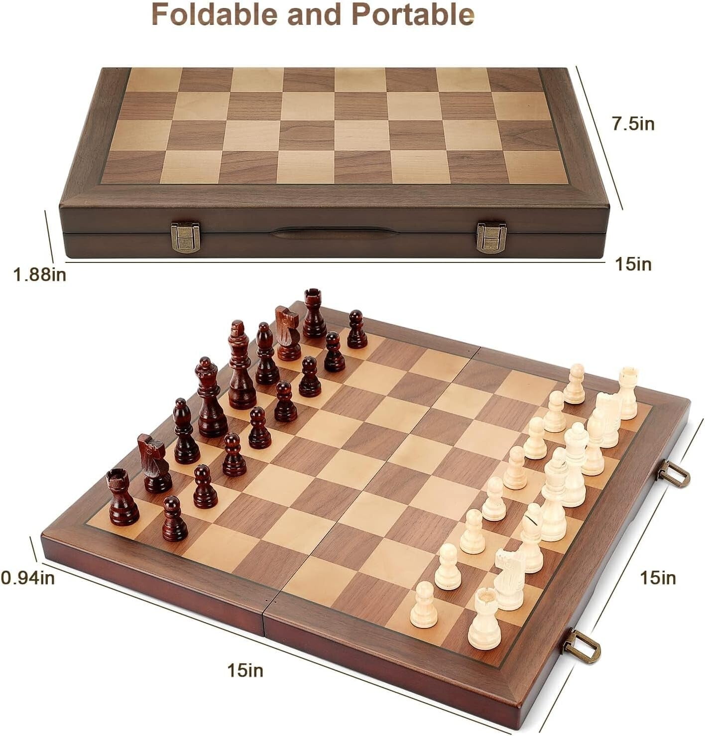 Classic 15'' Magnetic Chess Board - Travel-Friendly Wooden Set with Extra Queens