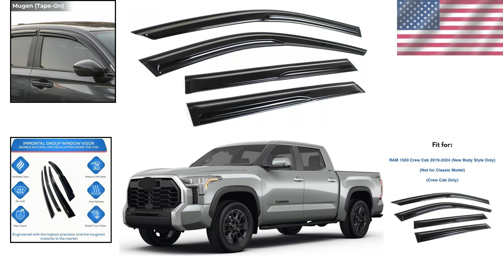 Sleek Mugen Style Window Visors for 2019-2024 RAM 1500 Crew Cab - Black Finish