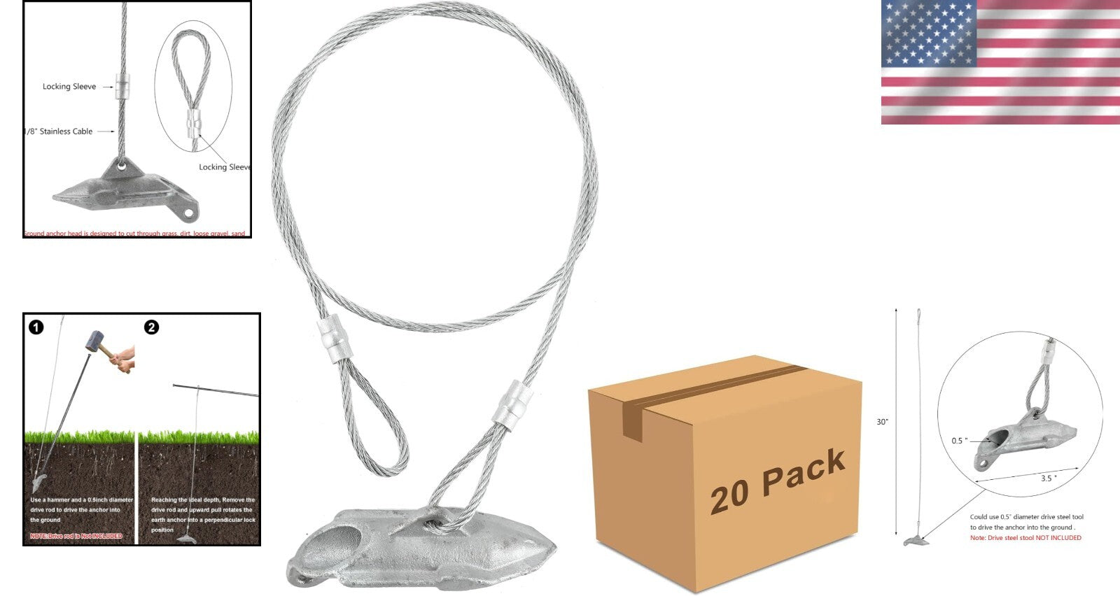 20 Pack Heavy-Duty Ground Earth Anchors with 30" Cable - 1000 lbs Strength