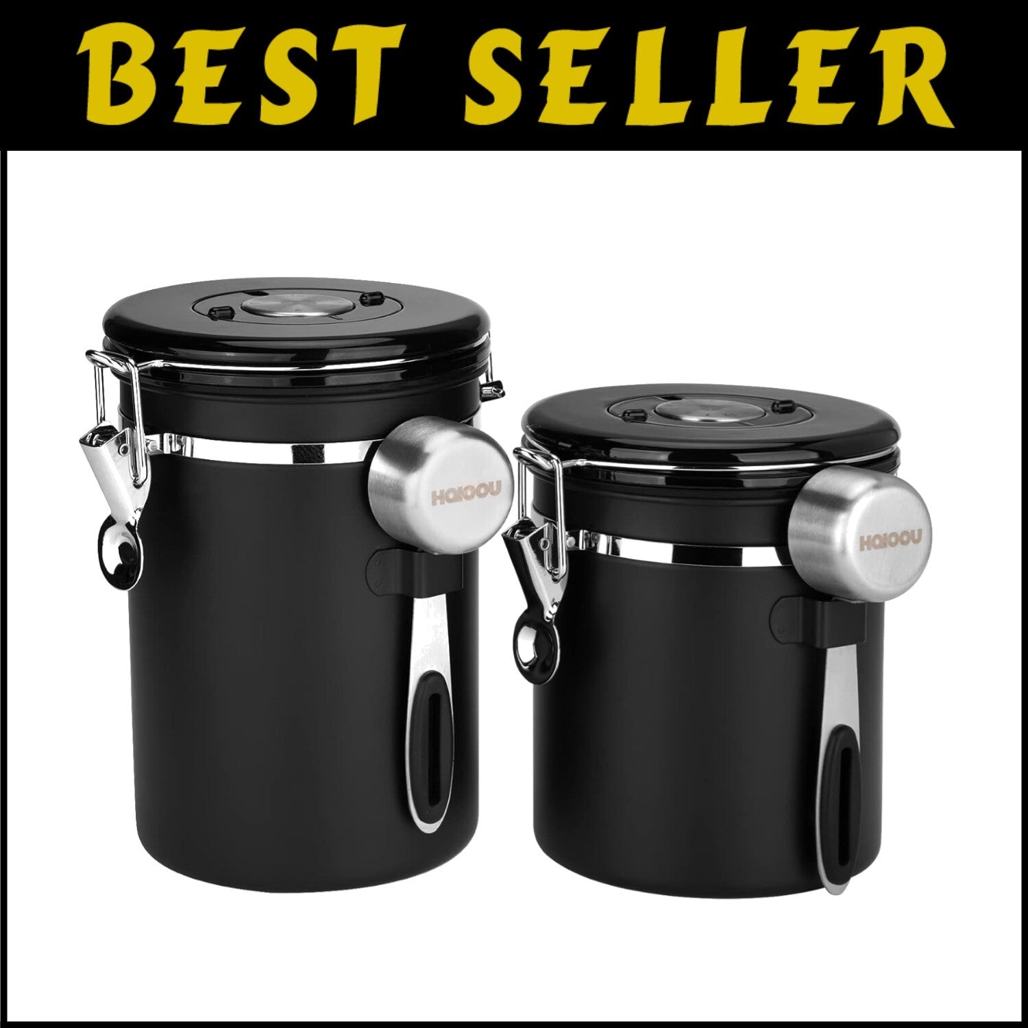 Airtight Coffee Canister Set, 22oz + 16oz with CO2 Valves & Date Tracker - Black