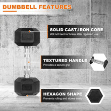 Load image into Gallery viewer, Weight Training Made Easy with 50 lb Rubber Coated Hex Dumbbell Pair