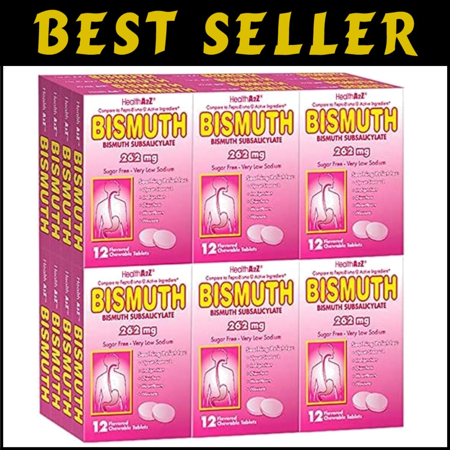 Bismuth Subsalicylate 262mg Chewable Tablets - 24 Pack for Fast Digestive Relief