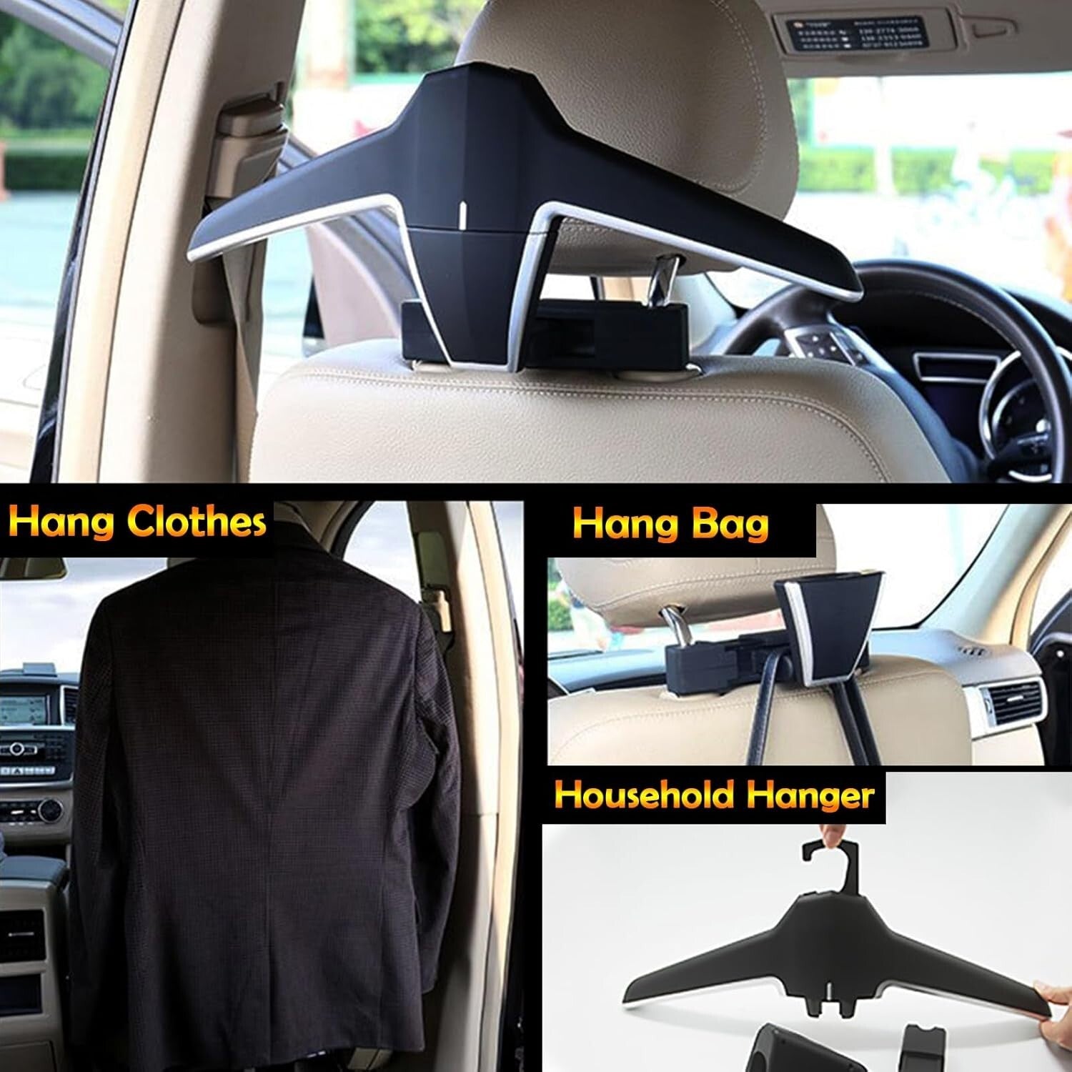 Durable Black Car Coat and Bag Hanger - Includes 6 Hooks for Efficient Storage