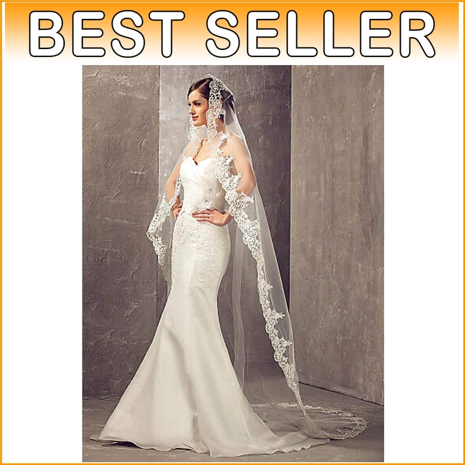 Stylish Chapel Length Veil for Bride with Elegant Lace & Metal Comb Attachment