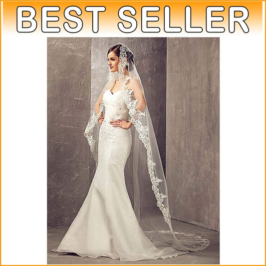 Stylish Chapel Length Veil for Bride with Elegant Lace & Metal Comb Attachment