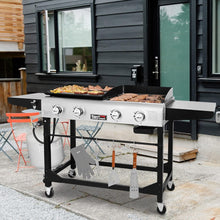 Load image into Gallery viewer, Stylish Black Propane Grill and Griddle Combo with Folding Legs and Side Tables